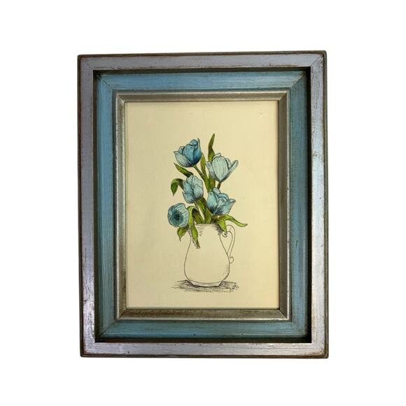 1978 Framed Blue Tulip Pen and Ink Sketch Art 10.5" x 8.5" - Picture 1 of 7